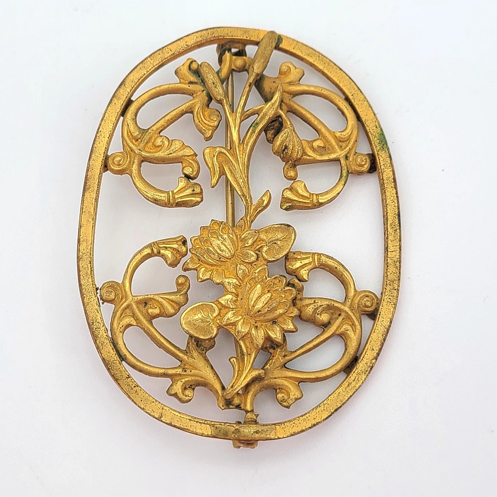 Antique Art Nouveau Floral Gold Tone Brooch Water Lilies 2.5" x 2" No Markings